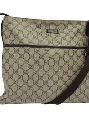 Authentic GUCCI GG Supreme Shoulder Bag PVC Leather Beige Silver 141198